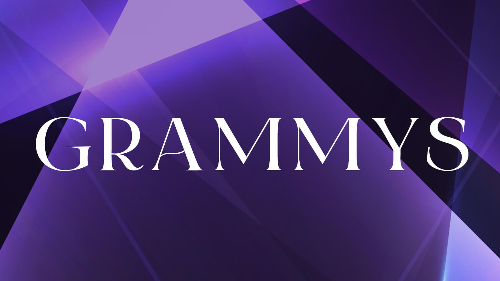 A black and purple background with the word Grammys overlaid in white text.