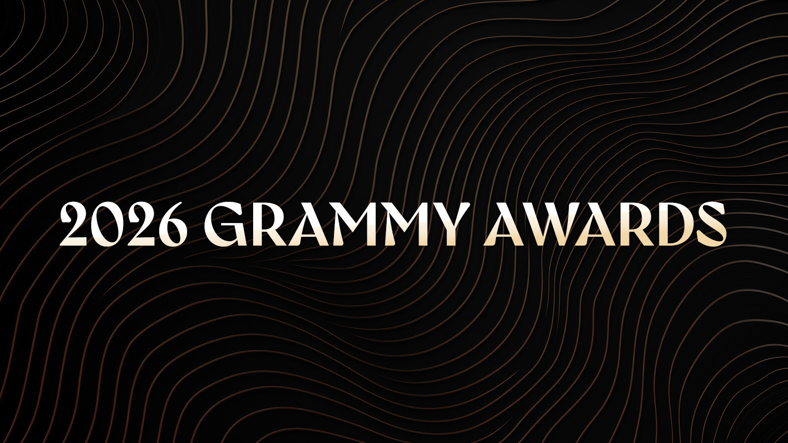 A graphic with the words 2026 Grammy Awards in white and gold ombré text on a black background with wavy gold lines.