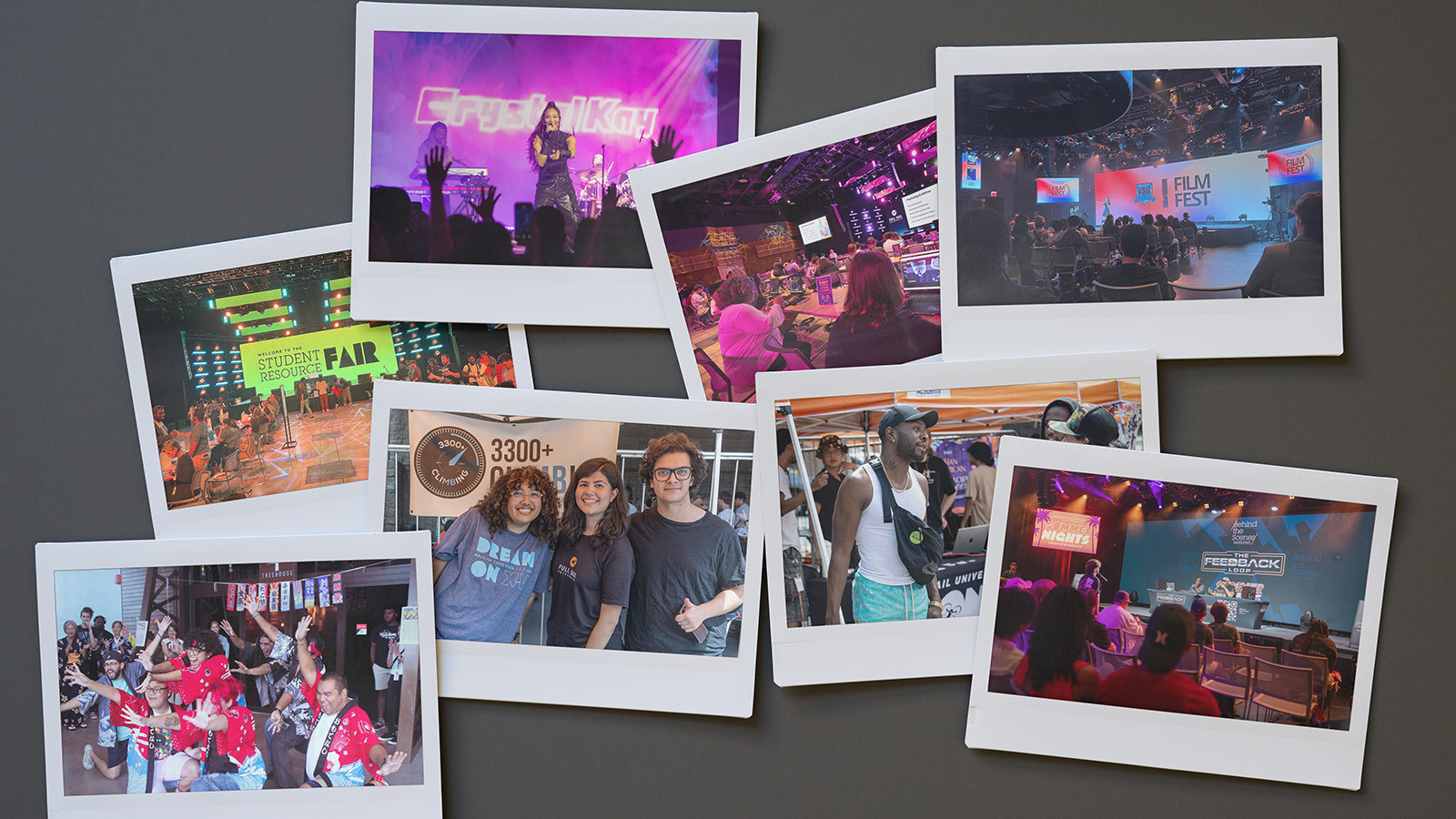 Eight images lay in a scattered pile on a black background. The images include students posing for the camera in colorful Japanese clothing, Crystal Kay performing onstage with purple lights, students posing in front of a 3300+ Climbing sign, and an audience facing a screen displaying “VSU Film Fest.”