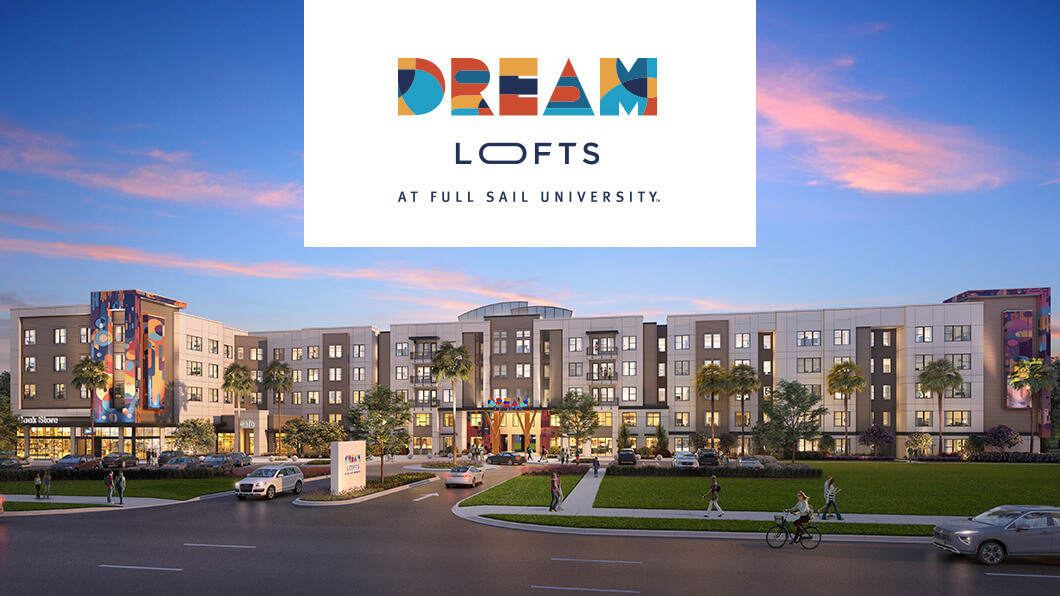 An architectural rendering of a gray and white five-story residential community with cars driving by and students walking and biking.