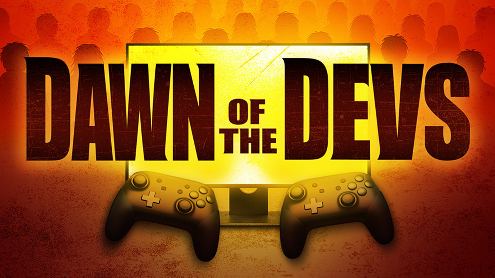 A graphic displays “Dawn of the Devs” with an orange background, a monitor with a yellow screen, and two controllers.