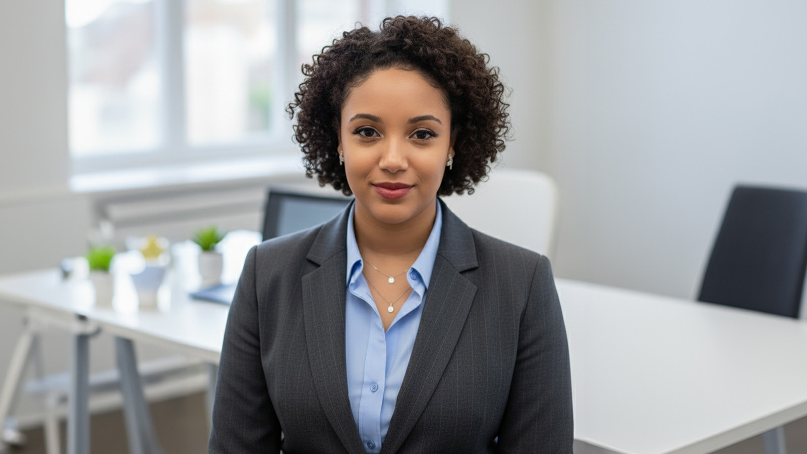A professional woman in business-wear with short hair and tight curls is seated in a bright office, facing forward with a calm, confident expression.