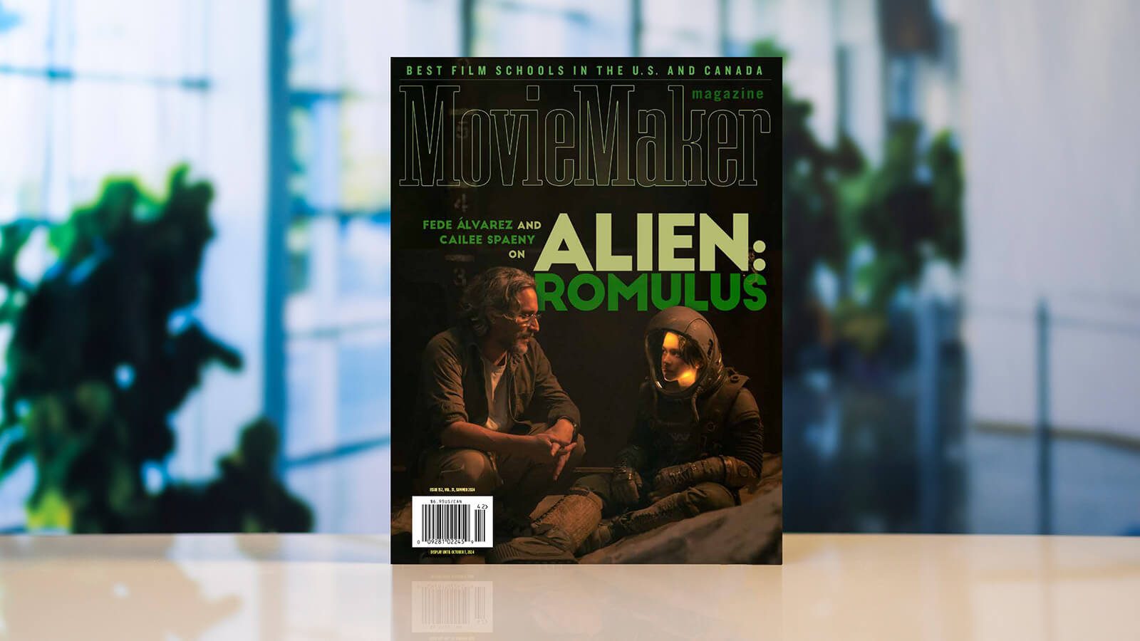 The cover of MovieMaker magazine’s 2024 summer issue, featuring an image of filmmaker Fede Álvarez and actor Cailee Spaeny on the set of ‘Alien: Romulus.’