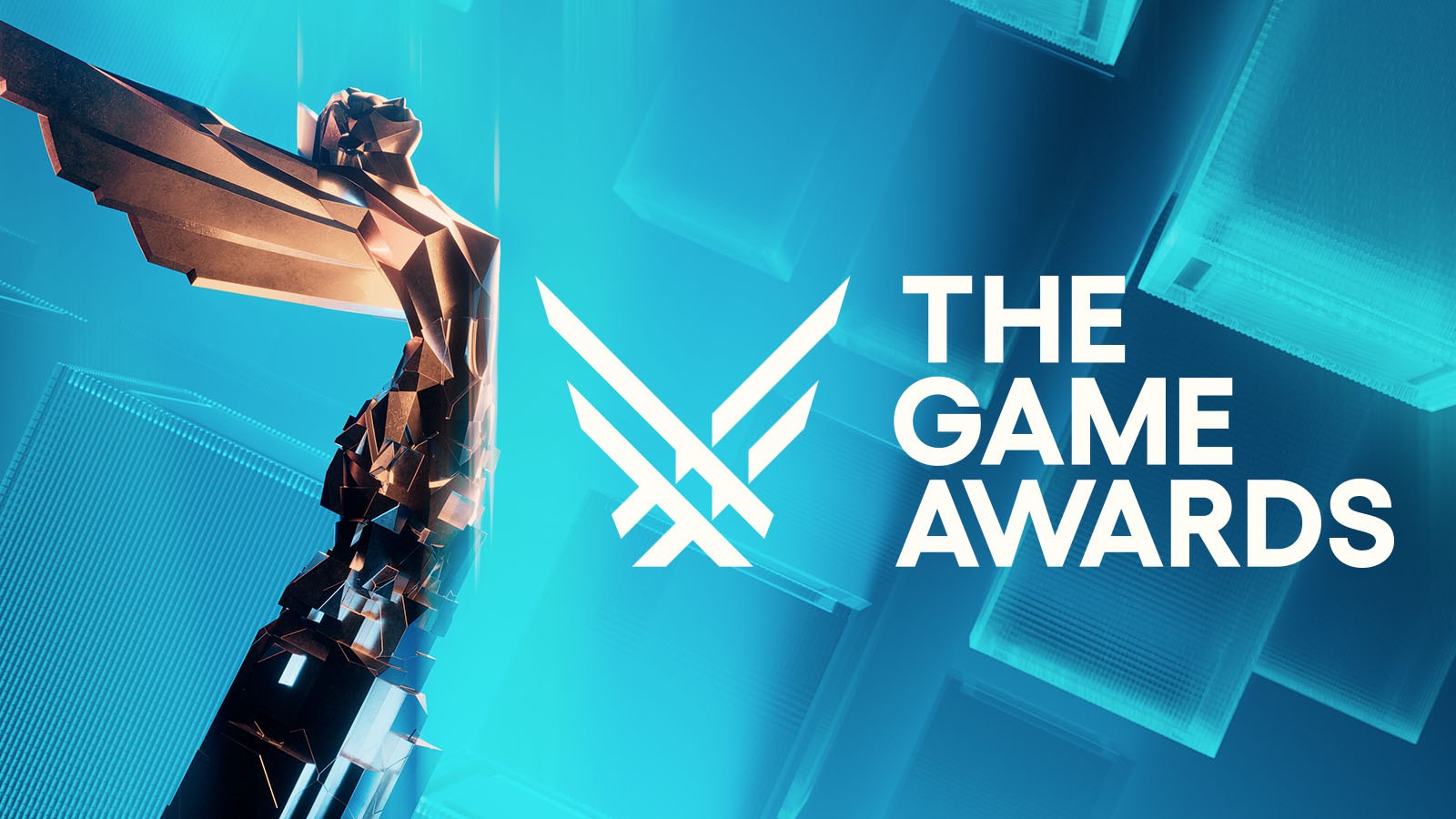 A stylized bronze Game Awards trophy stands against a blue digital backdrop beside The Game Awards logo and title text.