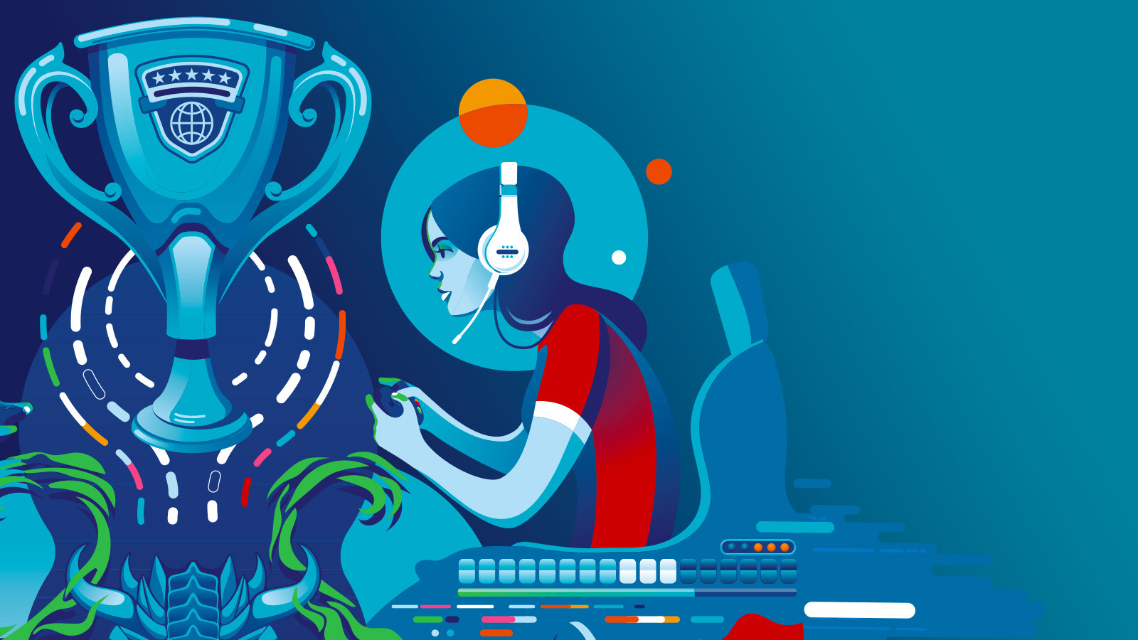 A graphic design shows a person hunching over a video game console holding a controller and wearing a headset over a blue background. On the left of the person is a trophy with colorful swirls around it.
