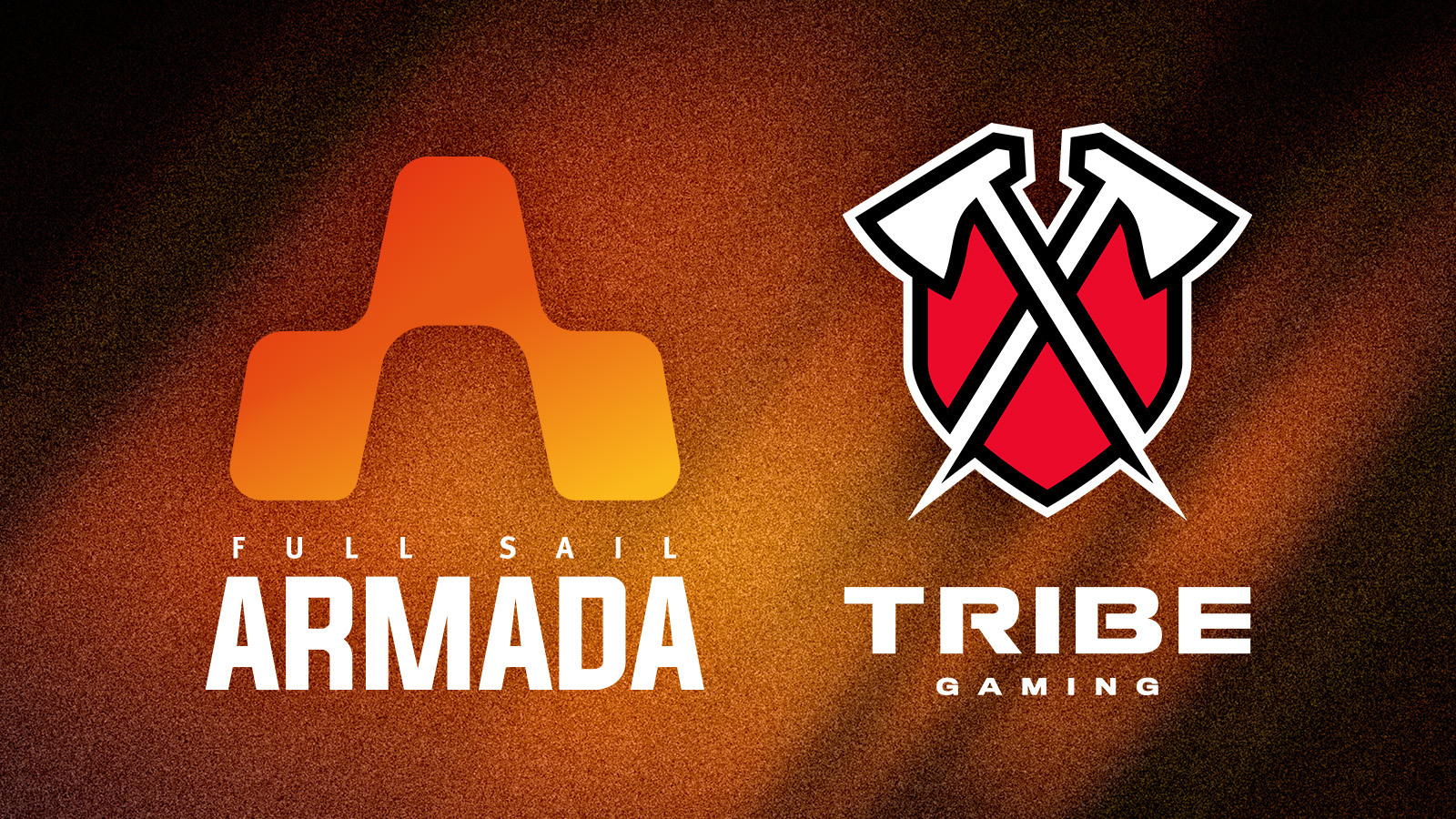 Full Sail Armada and Tribe Gaming logos displayed side-by-side against a grainy burnt orange background.