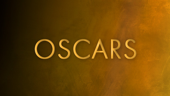 The word Oscars in gold text over an orange, grey, and black ombré background.