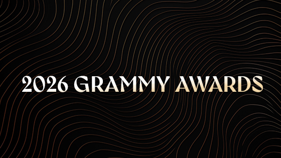 A graphic with the words 2026 Grammy Awards in white and gold ombré text on a black background with wavy gold lines.