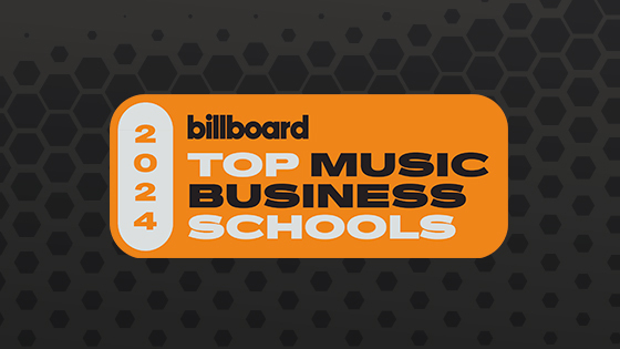 A graphic with the words 2024 Billboard Top Music Business Schools in an orange box on a black background.