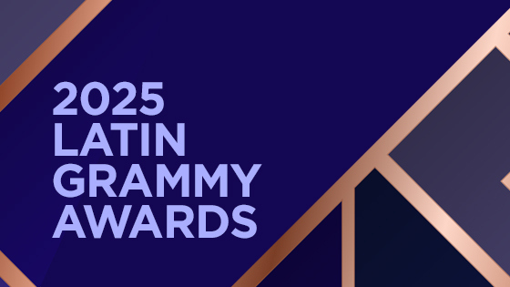 Geometric gold designs on an indigo background with the words 2025 Latin Grammy Awards overlaid in light blue text.