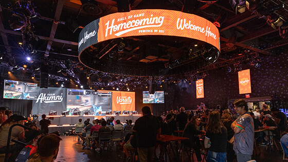 The Full Sail University Fortress is filled with a large crowd of spectators while varsity compete against alumni during Hall of Game: Homecoming.
