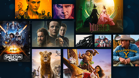 A collage of posters for ‘Wicked,’ ‘Moana 2,’ ‘Yellowstone,’ ‘Nosferatu,’ ‘Red One,’ ‘Star Wars: Skeleton Crew,’ ‘Silo,’ ‘Dune: Prophecy,’ and ‘Mufasa: The Lion King.’
