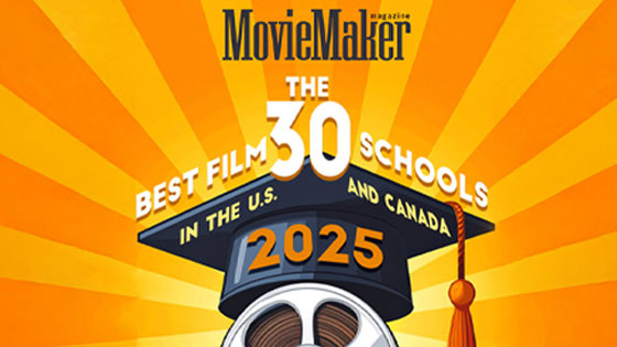 The cover of the August 2025 issue of ‘MovieMaker’ magazine featuring an illustration of a film reel wearing a graduation cap and the words The Best 30 Film Schools in the US and Canada.