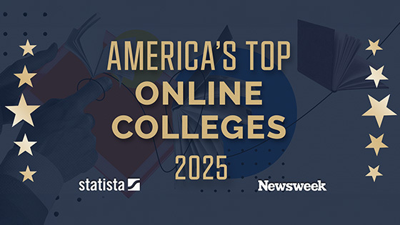 A blue graphic of a hand holding a book. The words America’s Top Online Colleges are overlaid in gold, with gold stars on the sides and logos for Statista and Newsweek on the bottom.