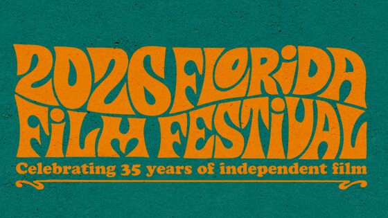 A graphic reads “2026 Florida Film Festival Celebrating 35 years of independent film” in orange text with a funky font over a teal backgroun