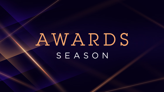 The words Awards Season in yellow and white text over a blue, purple, and yellow background.