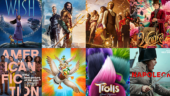 A mosaic of posters from 2023’s holiday movies, including ‘Wish,’ ‘Aquaman,’ ‘Wonka,’ ‘Napoleon,’ and ‘American Fiction.’