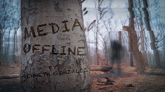 A tree carved with “Media Offline” and “By Kenneth Gonzalez” stands in a glitchy, winter forest as a blurred figure looms in the background.