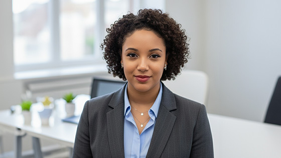 A professional woman in business-wear with short hair and tight curls is seated in a bright office, facing forward with a calm, confident expression.