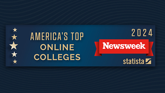 Rectangular banner that reads "America's Top Online Colleges 2024," accompanied by the Newsweek magazine and Statista logos.