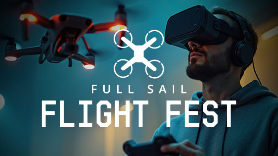 A person wearing a VR headset beside a glowing drone, with “Full Sail Flight Fest” text over a futuristic tech backdrop.