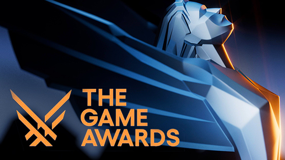 The Game Awards logo appears in light orange next to a digital render of a Game Awards statue with blue and orange gradient lighting.
