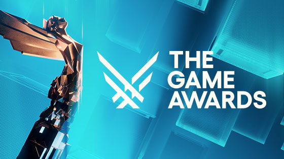 A stylized bronze Game Awards trophy stands against a blue digital backdrop beside The Game Awards logo and title text.
