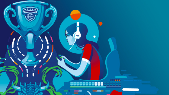 A graphic design shows a person hunching over a video game console holding a controller and wearing a headset over a blue background. On the left of the person is a trophy with colorful swirls around it.
