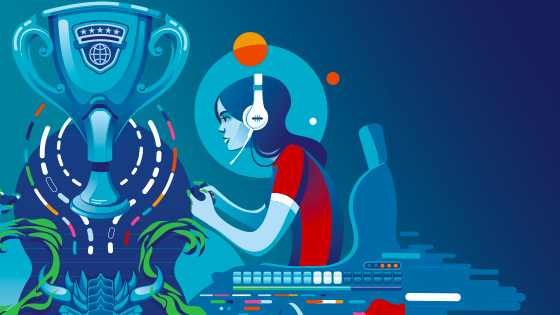 A stylized digital illustration of a focused gamer wearing a headset and playing a game with a controller while sitting in a gaming chair.
