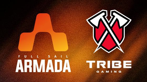 Full Sail Armada and Tribe Gaming logos displayed side-by-side against a grainy burnt orange background.