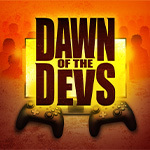 A graphic displays “Dawn of the Devs” with an orange background, a monitor with a yellow screen, and two controllers.