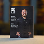 The February 2025 print issue of ‘Graphic Design USA.’ The cover features a smiling designer and text that reads “62nd Annual People to Watch” and “2025 Students to Watch.”