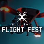 A person wearing a VR headset beside a glowing drone, with “Full Sail Flight Fest” text over a futuristic tech backdrop.