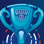 A graphic design shows a person hunching over a video game console holding a controller and wearing a headset over a blue background. On the left of the person is a trophy with colorful swirls around it.