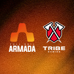 Full Sail Armada and Tribe Gaming logos displayed side-by-side against a grainy burnt orange background.