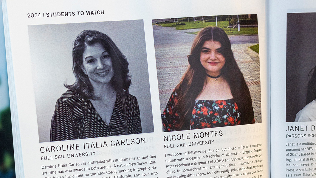 Headshots of Full Sail grads Caroline Italia Carlson and Nicole Montes are pictured above two blocks of text in a hard copy of "Graphic Design USA" magazine, which is propped up on a white surface.