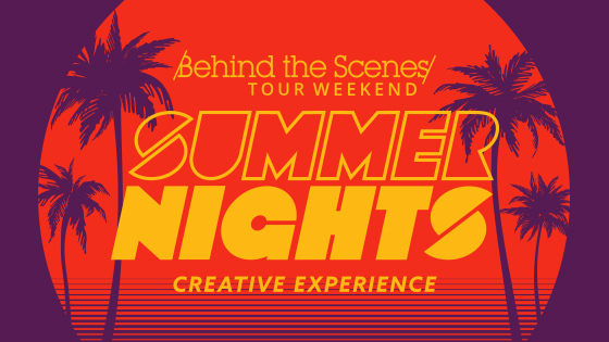 A graphic with the words Summer Nights Creative Experience on a red and purple background with outlines of purple palm trees.