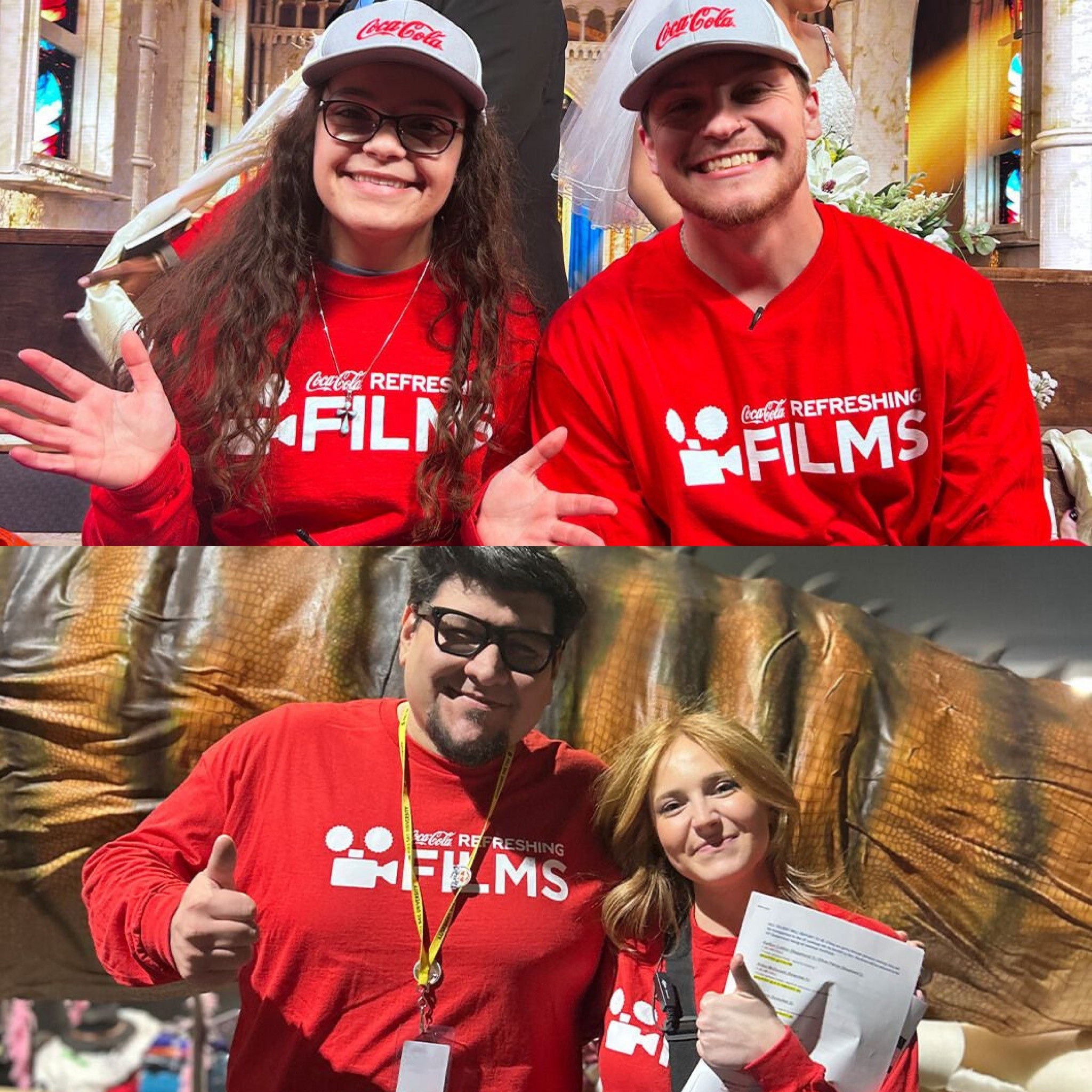 Two photos, one on top of the other, showing the students and graduates that worked on the films wearing red Coca-Cola Refreshing Films t-shirts.