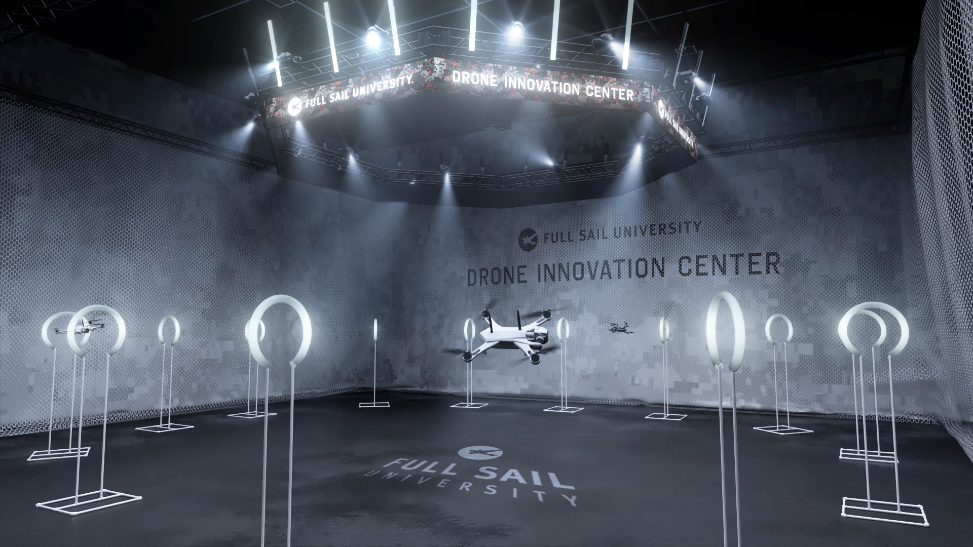 A computer rendering of a drone arena at Full Sail University’s Drone Innovation Center, featuring flying drones, illuminated hoops as obstacles, and prominent branding on the walls and floor under bright ceiling lights.