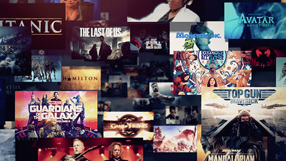 A collage of various movie and TV show posters, featuring titles like 'Guardians of the Galaxy,' 'Top Gun: Maverick,' and 'The Last of Us,' creating a dynamic and eclectic mix.