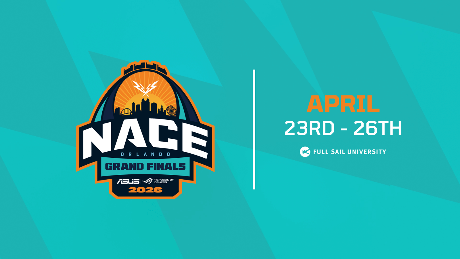 A turquoise blue graphic with a NACE Orlando Grand Finals logo beside text that reads "April 23rd-26th" above a Full Sail University logo.
