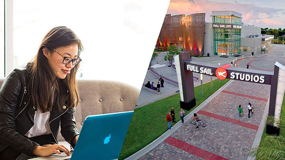 A woman sitting with a turquoise laptop on the left of the photo and a photo of an archway that says Full Sail University on the right.