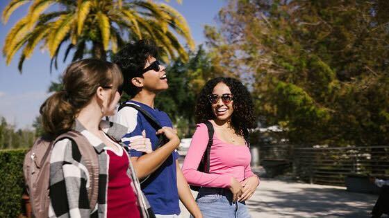 A group of smiling students wearing sunglasses on Full Sail’s campus. A palm tree is in the background.